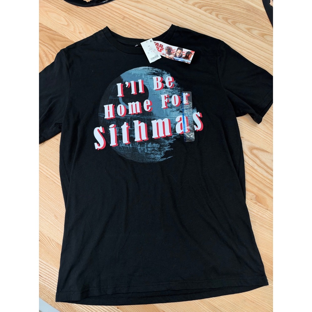 Star Wars Mens I'll Be Home For Sithmas Death Star Graphic T-Shirt Black LG NWT